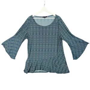 Roz & Ali Bohemian Teal Blouse Bell‎ Sleeve Top Lightweight Career Womens SZ 1X